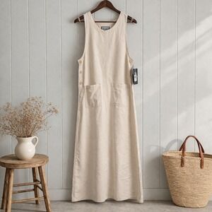 NWT Deadstock Lyocell Jumper Maxi‎ Dress Khaki Pinafore Pockets Quiet Luxury S